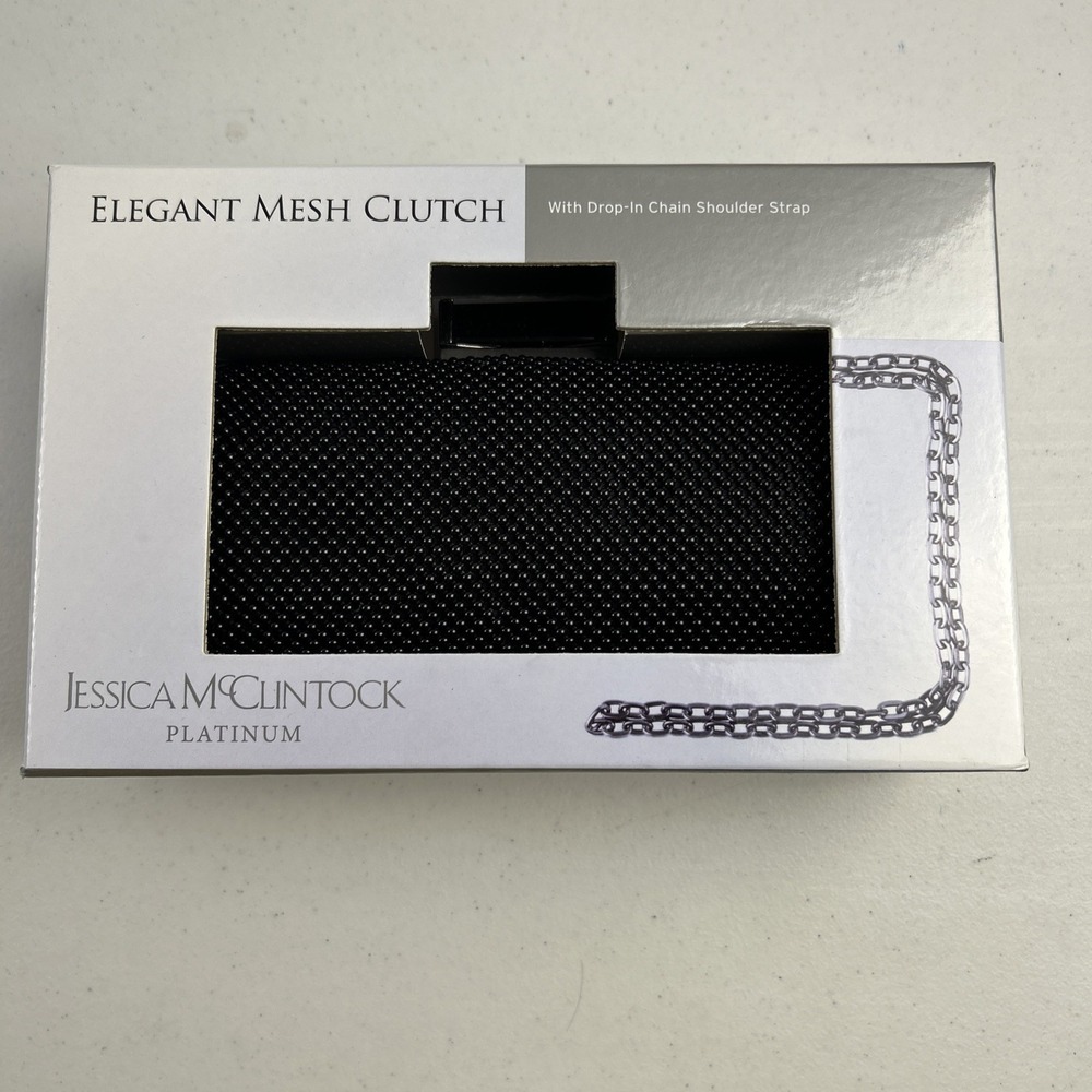 Jessica McClintock Black Mesh Clutch Drop In Chain Shoulder Strap In Box